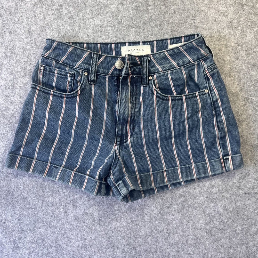 PacSun Mom Short Denim Shorts 22 Blue Striped High Rise Cotton
